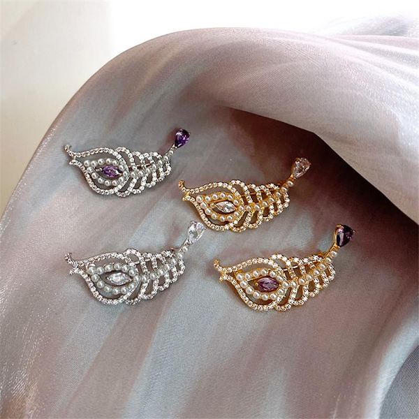 

оригинальный дизайн pearl перо брошь vintage цирконий штыри женщины броши ювелирные изделия платье аксессуары, Gray