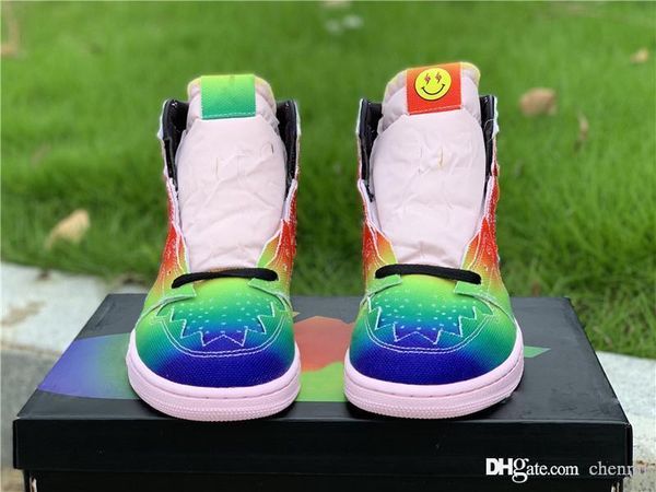 

новейший воздушный аутентичный j balvin 1 высокий og цветки y вибрас кроссовки многоцветные языки языки черные розовые пены многоцветные спо