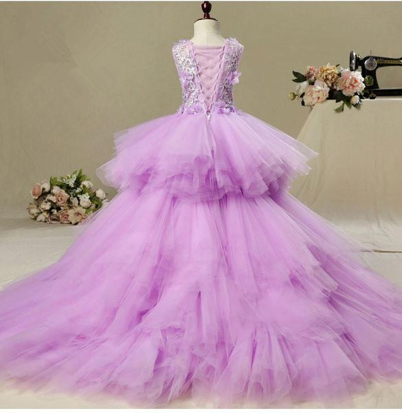 

elegant long trailing appliques first communion dress purple tulle ball gown kids pageant gown flower girl dress for weddings, Red;yellow