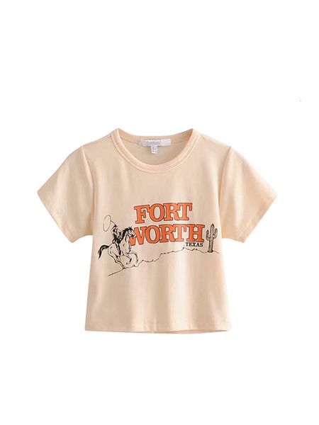 

2021 new beige cowboy style short elastic cotton t-shirt casual neck-neck all-match letter t women's shirt 77o5, White