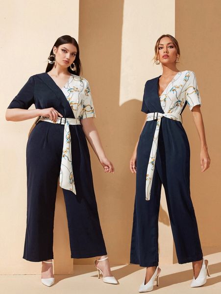 

1pc chain panel surplice neck belted jumpsuit x4cx#, White