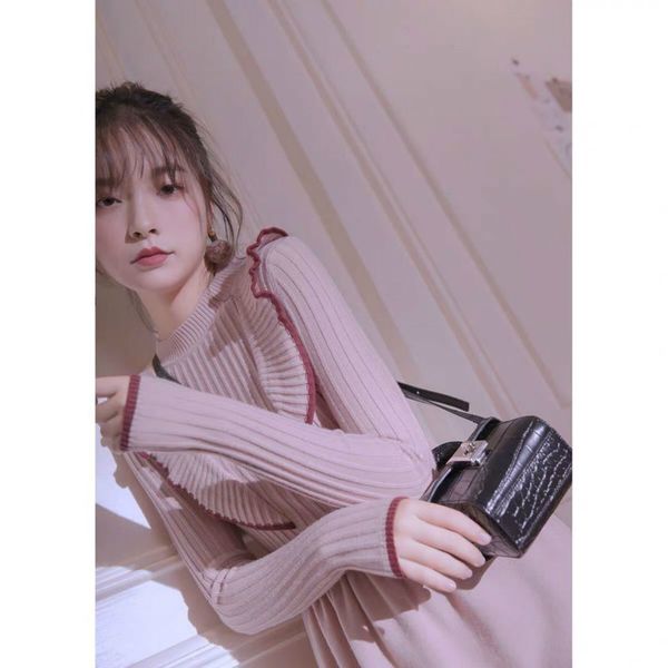 

2021 new spring fall fashions long-sleeve neck frilly the fine female mesh dress in knitted y240 r58n, Black;gray