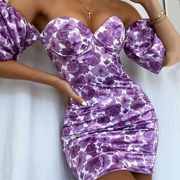 

short puff sleeve off shoulder dress women print mini night club party dress backless bodycon summer dresses 2021, Black;gray