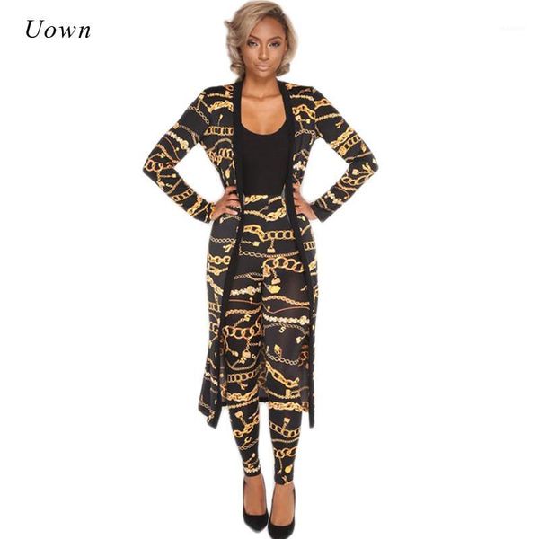 

women long cardigan + printed leggings two piece set 2018 autumn party celebrity trench and trouser pant suit two piece outfits1, Gray