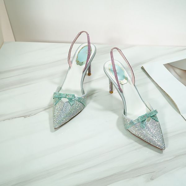 

women back strap 8cm high heel sandals whole shoes rhinestone bow decoration for wedding party with box, Black