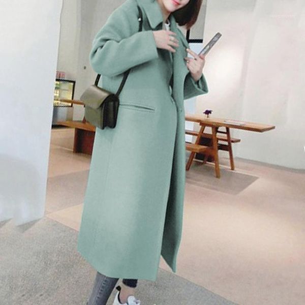 

women wool coat 2019 winter casual korean version slim long coat full sleeve suit collar womens plus size warm coats green1, Black