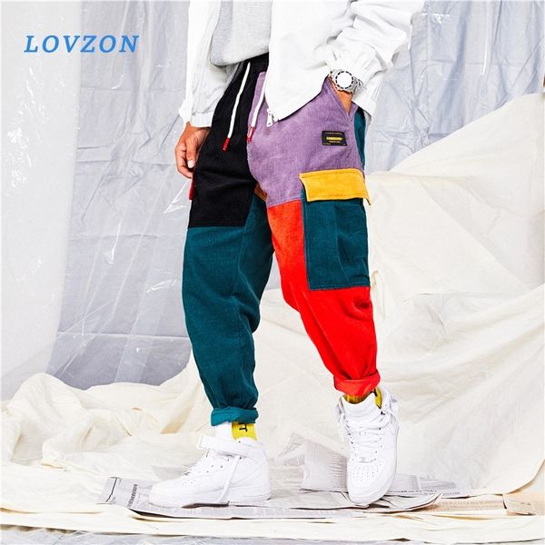 

lovzon hip hop pants vintage color block patchwork corduroy cargo harem pant streetwear harajuku jogger sweatpant cotton trouser q1219, Black