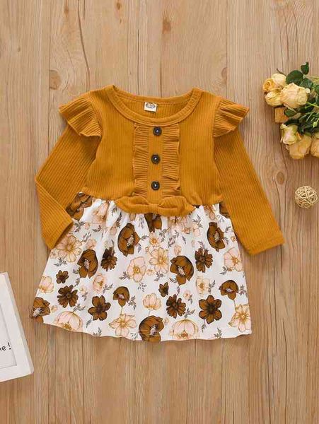 

baby ruffle trim bow front floral print 2 in 1 dress she, Red;yellow