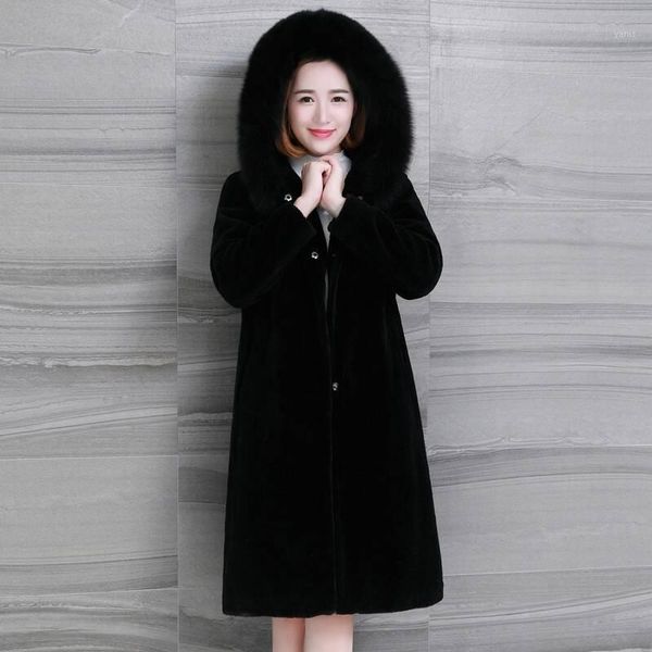 

2018 winter new faux fur coat fur hooded long coat winter women woolen plus size 5xl1, Black