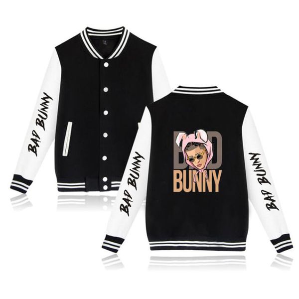 

singer bad bunny zip up baseball uniform men's jackets streetwear hip hop harajuku sweatshirt badbunny hoodie casual sportswear, Black