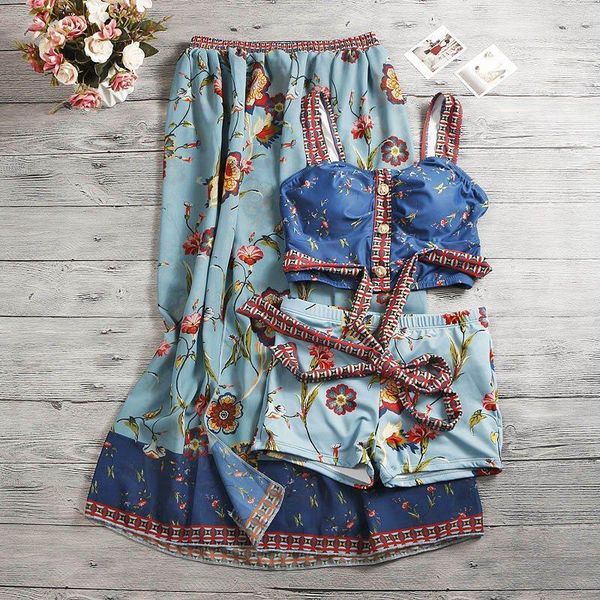 

bikinis set 2021 women printed floral three-pieces bikini swimsuit padded bathing suit with skirt summer swimwear ladies swim suits1