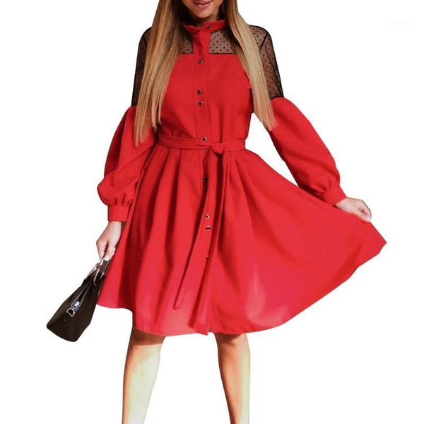 

hirigin 2020 fashion women elegant midi dress, lace patchwork round neck lantern sleeve buttons tie waist dress1, Black;gray