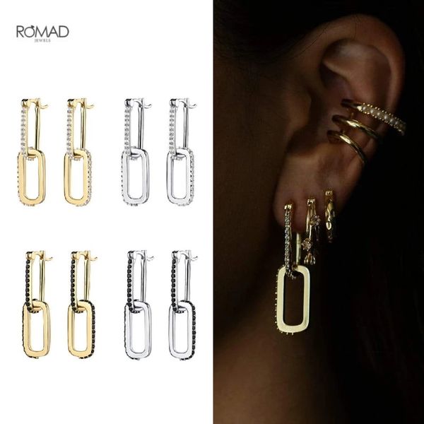

romad exquisite lock chain drop earrings for women minimalism geometric zircon pave dangle earings silver 925 jewelry pendientes b1205, Golden