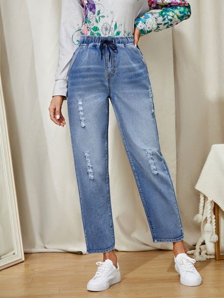 

drawstring waist ripped jeans 17wl#, Blue