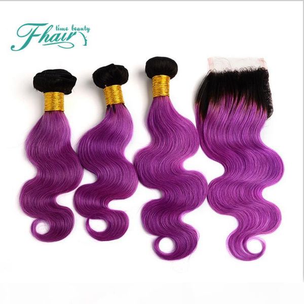 

body wave 1b pink ombre hair with closure 4pcs lot two tone colored 3bundles brazilian human hair weaves with 4x4 lace closure, Black