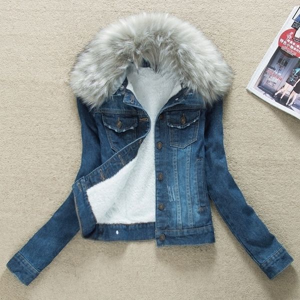 

new denim jacket fur collar warm parka winter basic bomber jean coat women lamb fur padded outwear female thicken chaqueta zh012 y200101, Black;brown