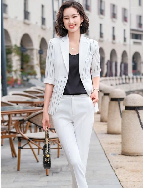 

2021 spring summer half sleeve styles women business suits formal blazers for ladies office work wear pantsuits trousers set1, White