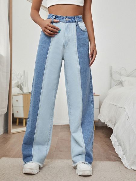 

high waist color block wide leg jeans n8ls#, Blue