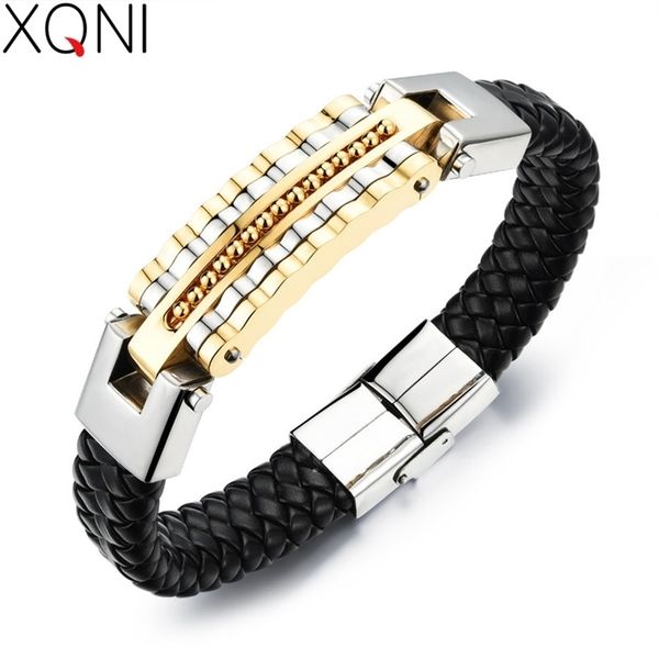

xqni black leather bracelet men charm bangle stainless steel fashion new men jewelry rock chunky leather men's bracelets 200928