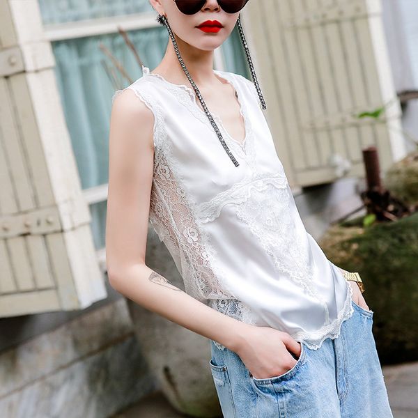

lace vest hollow tank loose v neck ladies summer solid casual, White