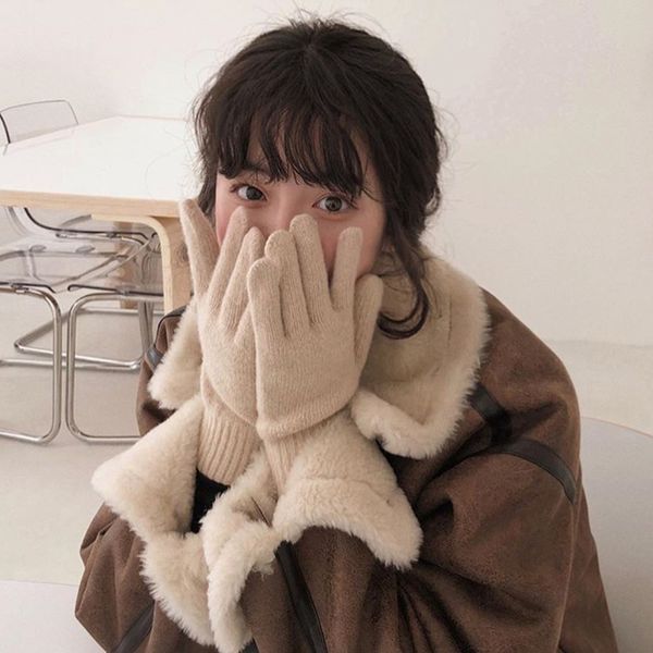 

rabbit hair ~ korean cotton wool five finger gloves women's version ins lovely warm knitting plush autumn and winter