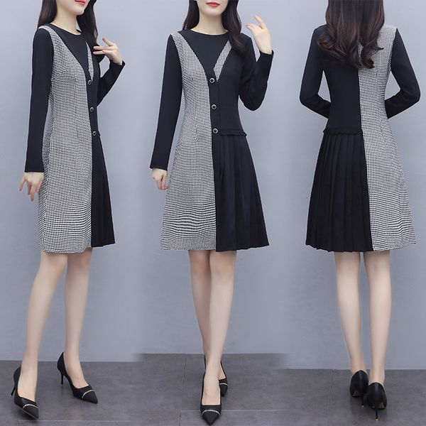 

womens houndstooth plus size dressed xxxxxxxxl casual thin sleeve long party ladies'working line n074, Black;gray