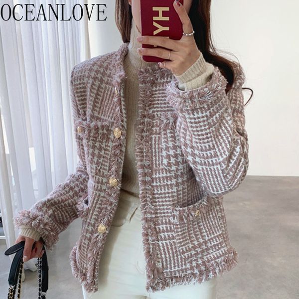 Oceanlove xadrez elegante chaqueta mujer coreano outono escritório senhora moda inverno jaquetas mulheres borla vintage tweed casaco 18545 201029