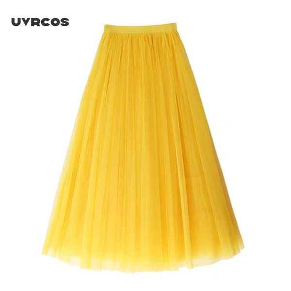 

uvrcos fall winter extra long mesh lace vintage expansion skirt women yellow tulle elastic waist beach travel ball swing skirts y1214, Black