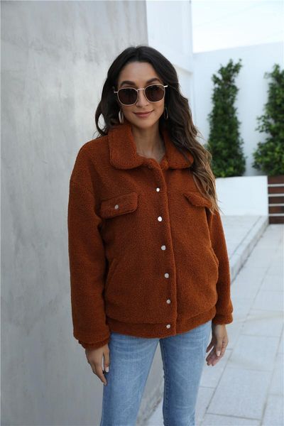 

lapel neck fuzzy coat women button down jackets winter casual warm fluffy fleece long sleeve pockets single breasted coat new1, Black;brown