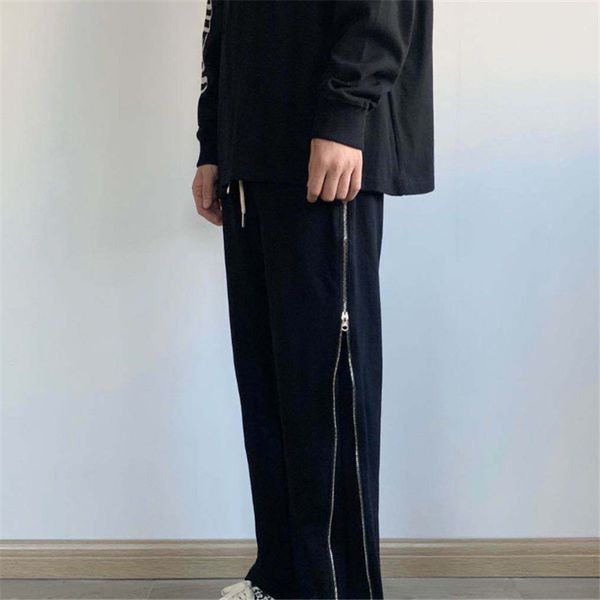 

high street style autumn new men and women's straight zipper slacks popular basic pattern hip hop pants cotton pure color black size s
