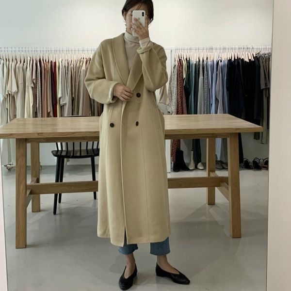 

women vintage yellow loose super long wool coat jacket with belt double breasted woolen overcoat outerwear cardigan, Black