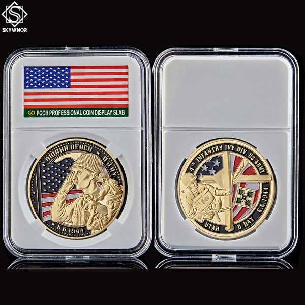 

40*3mm 1944.6.6 usa army infantry utah d-day omaha beach craft commemorative coin 24k gold plated military w/pccb box