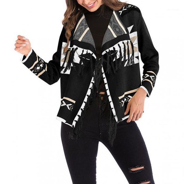 

autumn geometric tassel knitted sweater cardigans women casual long sleeve irregular hem cardigan fashion knitted, White