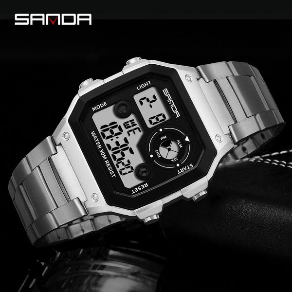 

sanda men sports watches водонепроницаемый g стиль часы ударные бизнес нержавеющая сталь цифровые наручные часы relogio masculino wmtvws, Silver