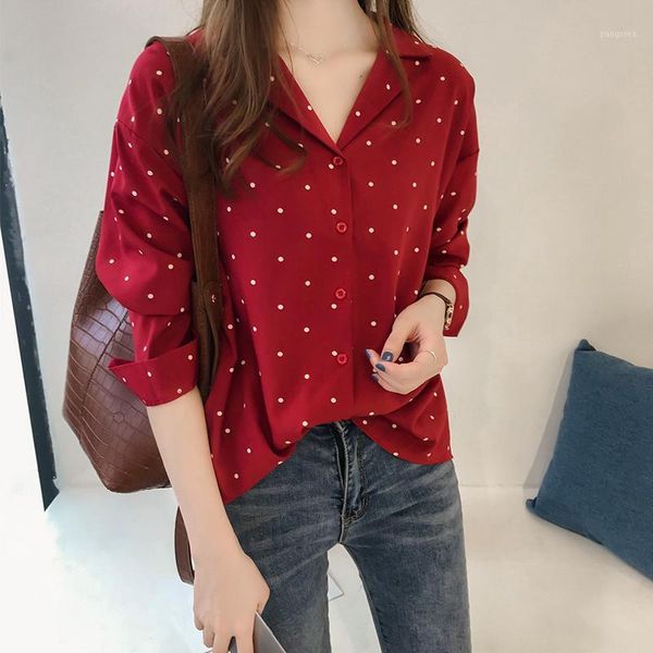 

polka dot chiffon blouse women's shirt long sleeve basic shirt ladies korean vintage chic printing blouse plus size 4xl1, White