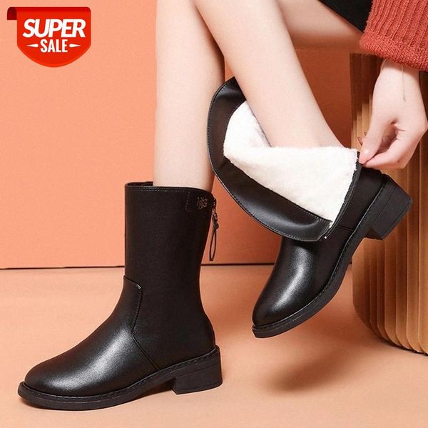 

lucyever women short plush warm mid calf boots 2020 waterproof pu leather square heels boots woman casual round toe shoes ladies #gp4o, Black