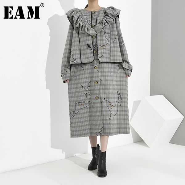 

[eam] women plaid ruffles big size trench new lapel long sleeve loose fit windbreaker fashion tide spring autumn 1b7380 201102, Tan;black