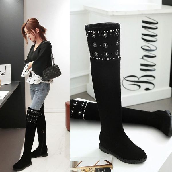 

boots women shoes 2021 winter nubuck wedges over-the-knee for big size 34-451, Black