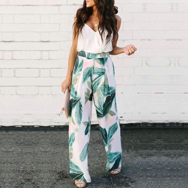 

2019 fashion leaf printed loose casual pants summer wide leg pants high waist women trousers boho beach long trouser female pant1, Black;white