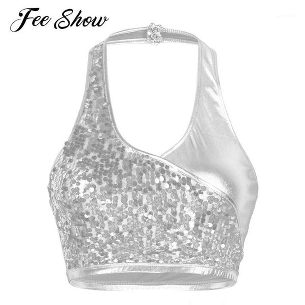 

womens shiny metallic sequined bustier halter neck sleeveless low back bustier vest short crop for raves dance clubwear1, White