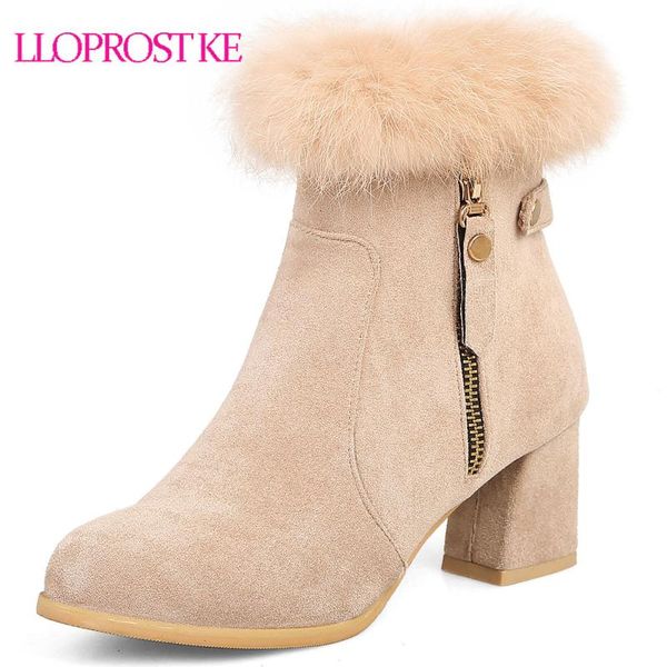 

boots lloprost ke winter black fashion women round toe zipper square heel flock ladies fur ankle plus size 33-45