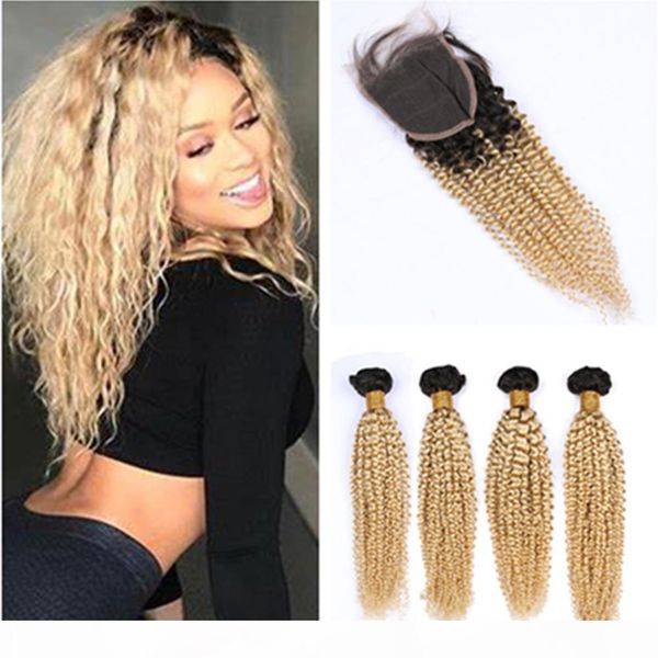 

#1b 613 ombre virgin hair closure with bundles black and blonde ombre peruvian kinky curly weaves human hair 4 bundles with lace closure, Black;brown