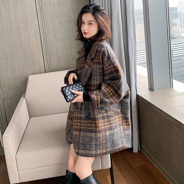 

plaid woolen women's mid-length 2020 autumn and winter new tweed coat, Black