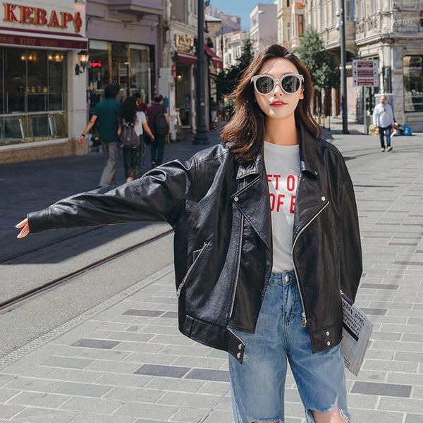 

korean fashion wild womens black coat loose comfortable outwear super handsome ladies motorcycle leather jacket