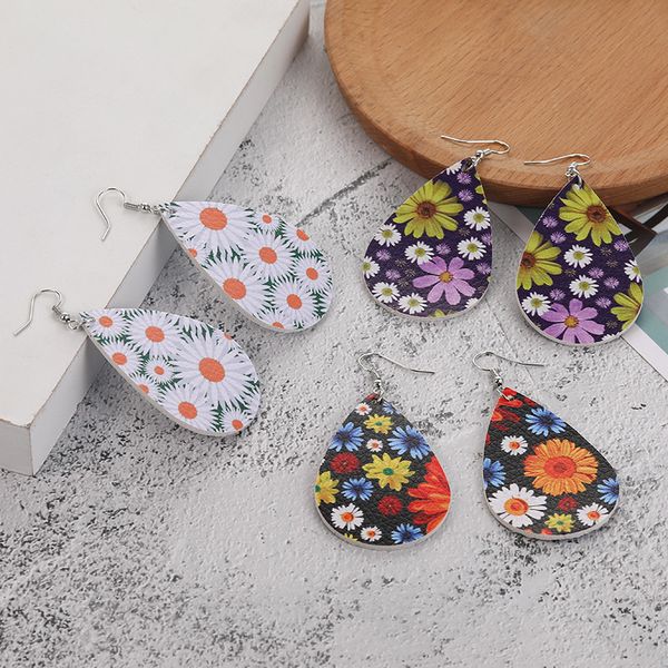 

factory 2020 fashion waterdrop shape colorful flowers print pu leather design teardrop earrings for women girls j