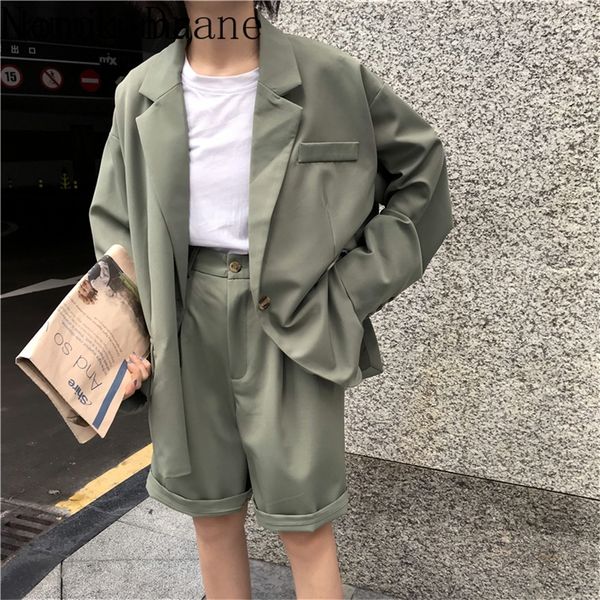 2020 Vintage Moda 2 Parça Kıyafetler Kadınlar Katı Rahat Blazers Yüksek Bel Takım Kısa Pantolon Lady Setleri Streetwear LJ200907