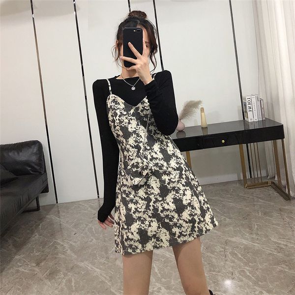 

2021 Autumn for Women New 2-pieces Top and Preppy Round Collar Sleeves Upper Shirt -suspend Dress Two Suit Parts C8AN, Gray