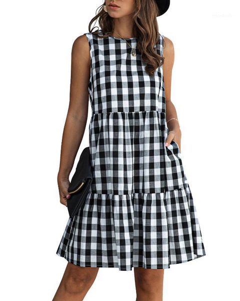 

plus size ruffled vestidos vintage women summer dress 2020 loose mini casual dresses female sleeveless blue red plaid dress dots1, Black;gray