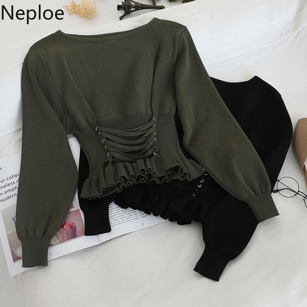 

neploe elegant ruffle long sleeve knit sweater slim fit pullover slim waist lace up pull femme o neck solid winter clothes 48297 201123, White;black