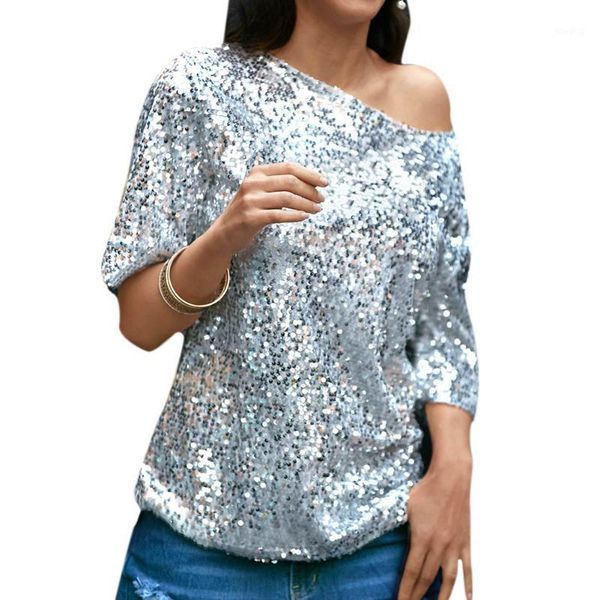 

blouses shoulder shirts vintage streetwear sequined bling shiny sequin glitter blouses slash neck high street solid1, White